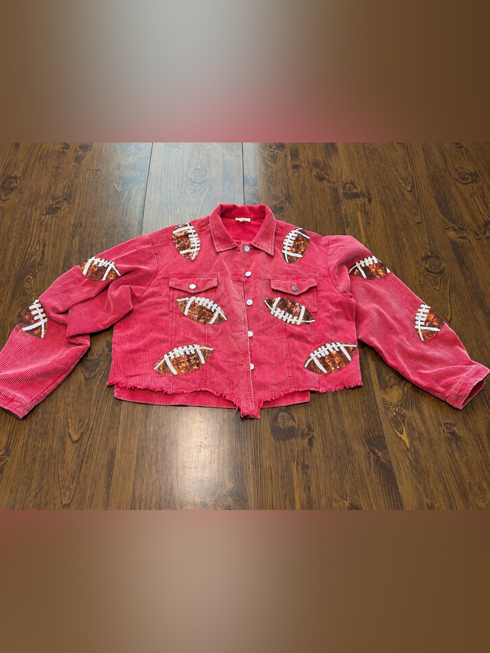 BiBi Red Corduroy Cropped Jacket with Football Sequin Appliqués